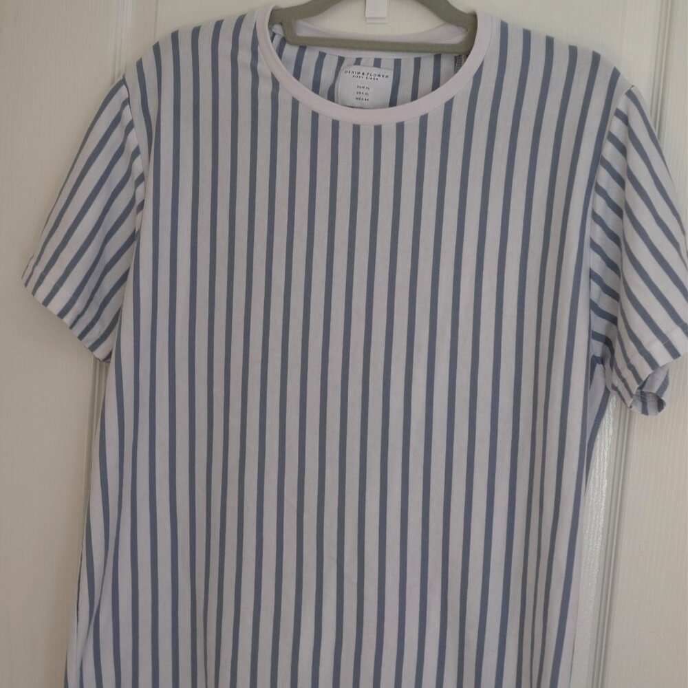 Denim & Flower Ricky Singh White & Blue Vertical striped T Shirt, Size XL